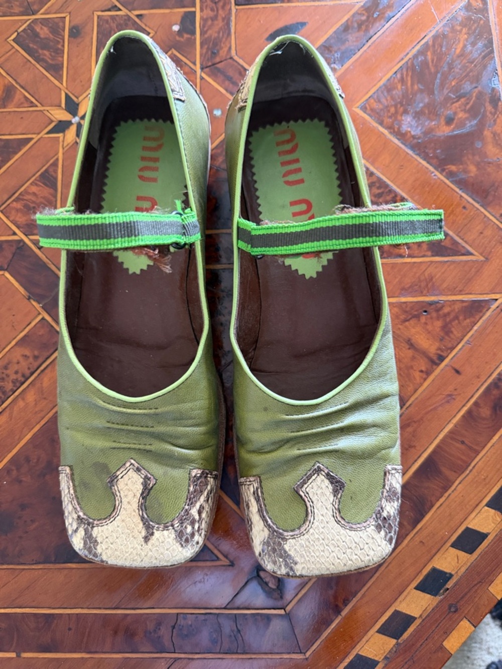 Miu Miu Green Leather Mary Jane Flats with Snake-Print Toe Detail